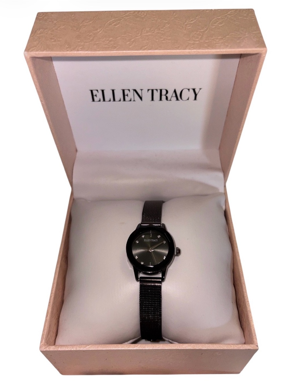 Ellen Tracy Black Metallic Mesh Bracelet Watch with Minimalist Dial - New in Box
